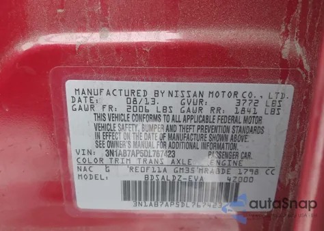 2013 Nissan Sentra Sv from USA, damaged, VIN 3N1AB7AP5DL767423